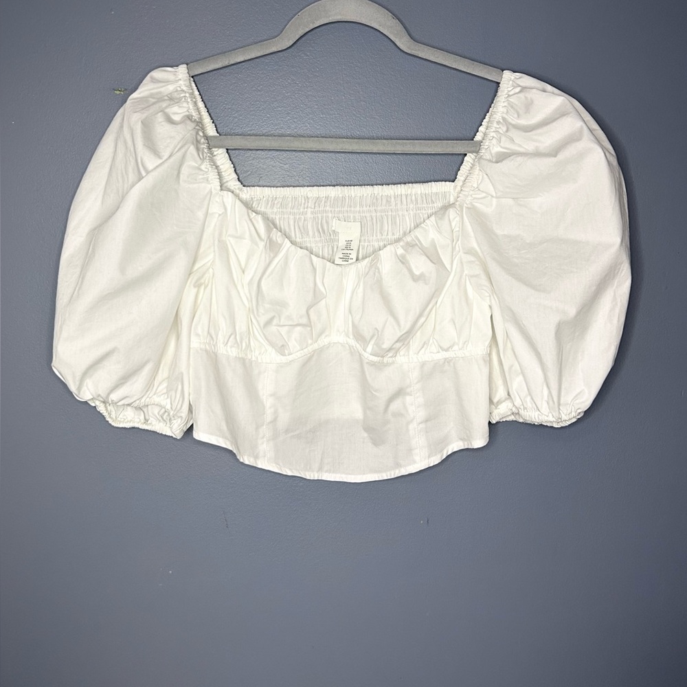 H&M Blouse M White Puff Sleeve Square Neck Crop Corset Milkmaid Cottagecore Top